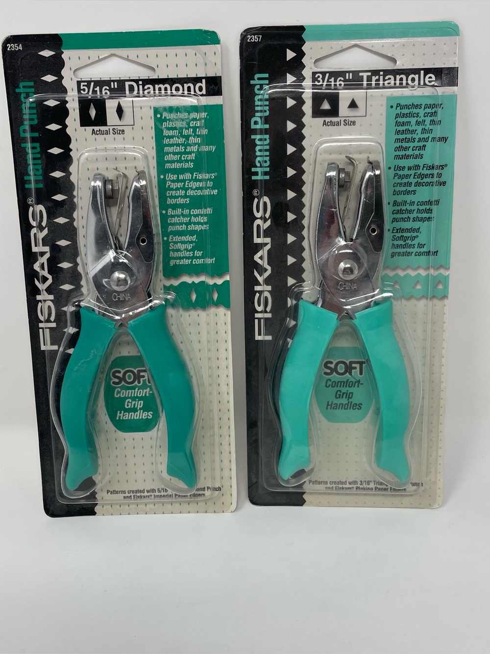 Fiskars Lot of 2 Soft Grip Hand Punches 3/16" Triangle #2357 5/16" Diamond #2354